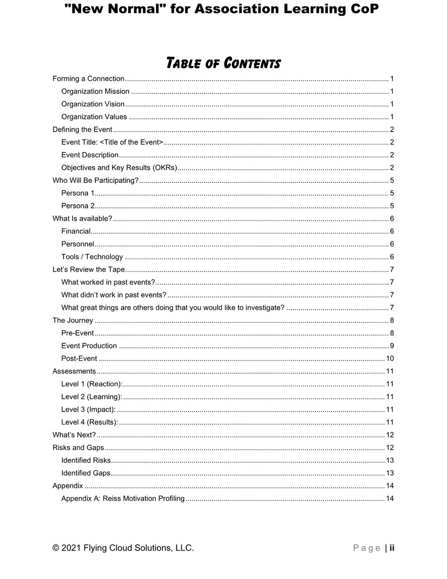 The generated game plan guide’s table of contents, spanning connection, event definition, participants, assets, the journey, assessments, and risks